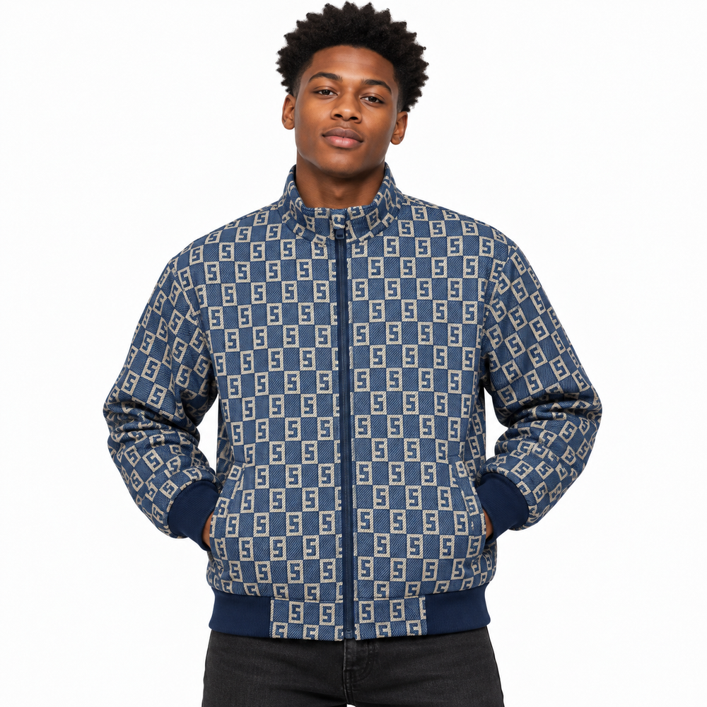Navy & Beige S-Monogram Check Jacquard Zip-Up Jacket