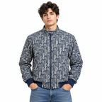 Navy & Cream Typography Jacquard Woven Zip-Up Jacket