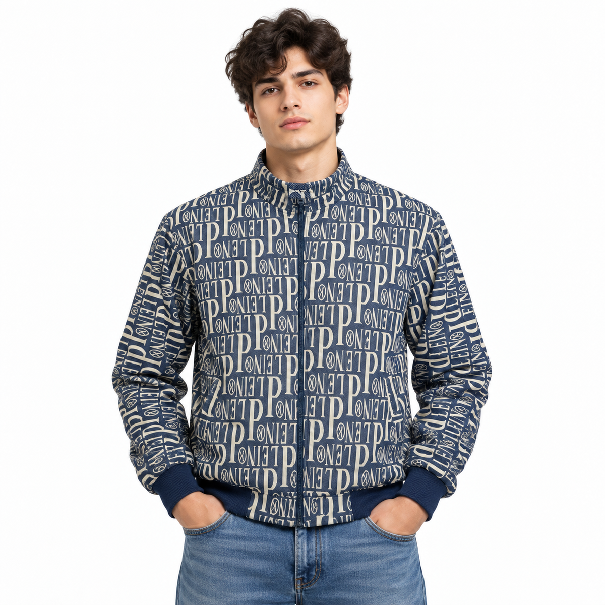 Navy & Cream Typography Jacquard Woven Zip-Up Jacket