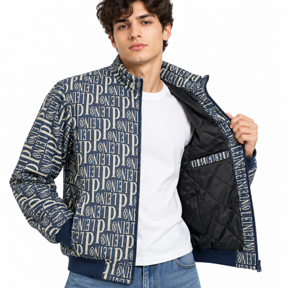 Navy & Cream Typography Jacquard Woven Zip-Up Jacket