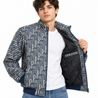 Navy & Cream Typography Jacquard Woven Zip-Up Jacket