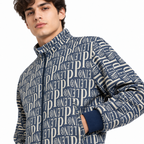 Navy & Cream Typography Jacquard Woven Zip-Up Jacket