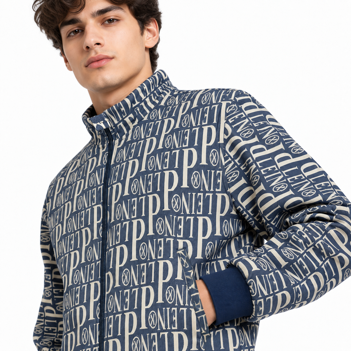 Navy & Cream Typography Jacquard Woven Zip-Up Jacket