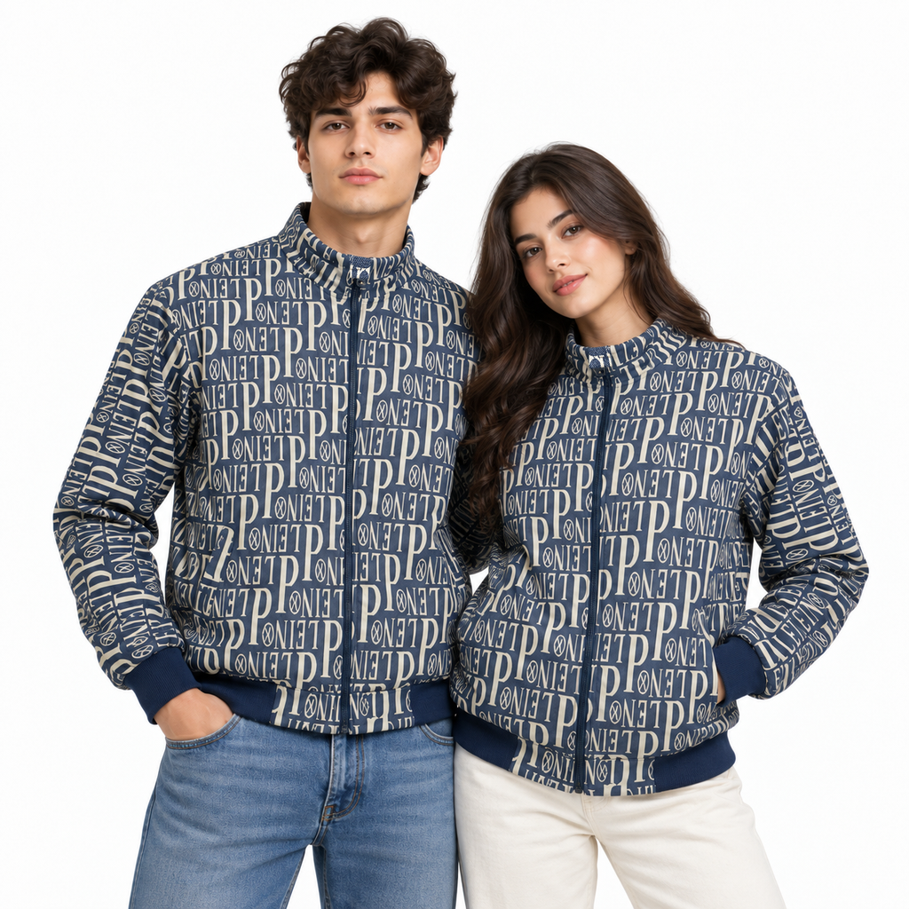 Navy & Cream Typography Jacquard Woven Zip-Up Jacket