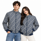 Navy & Cream Typography Jacquard Woven Zip-Up Jacket