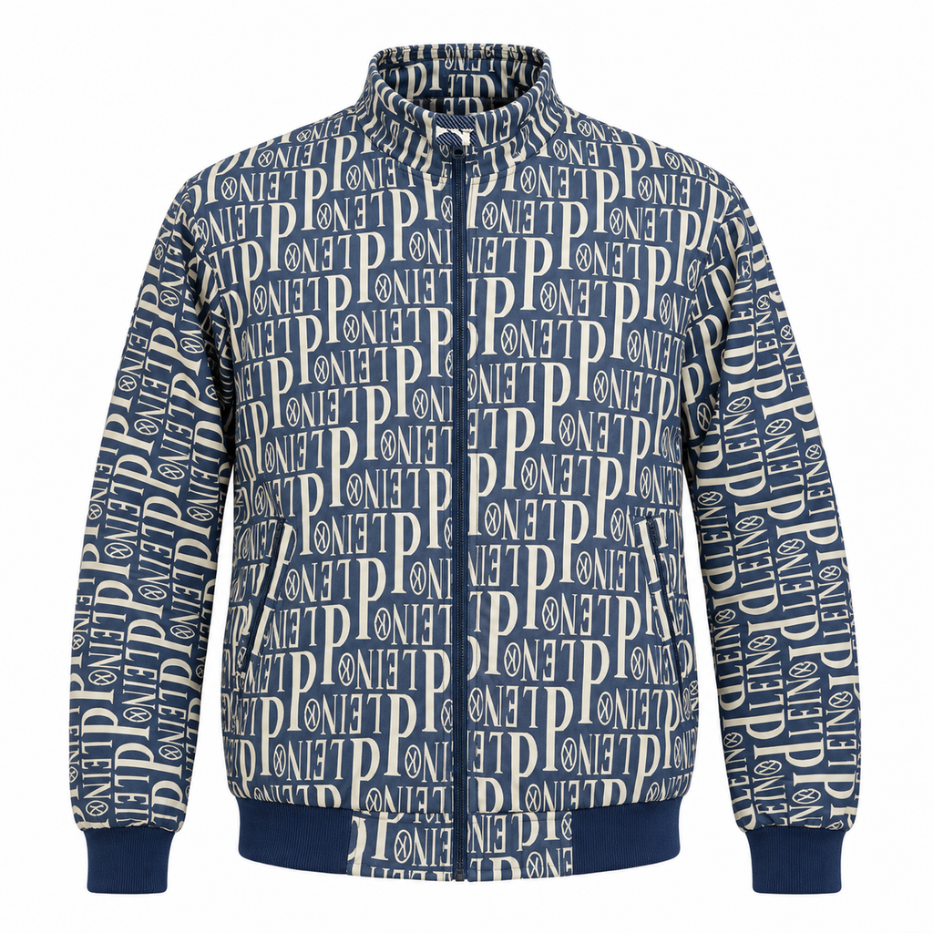 Navy & Cream Typography Jacquard Woven Zip-Up Jacket