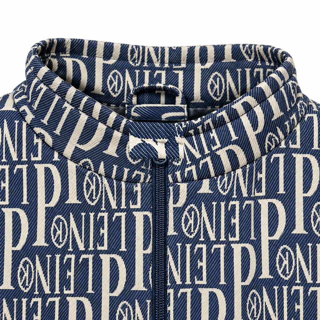 Navy & Cream Typography Jacquard Woven Zip-Up Jacket