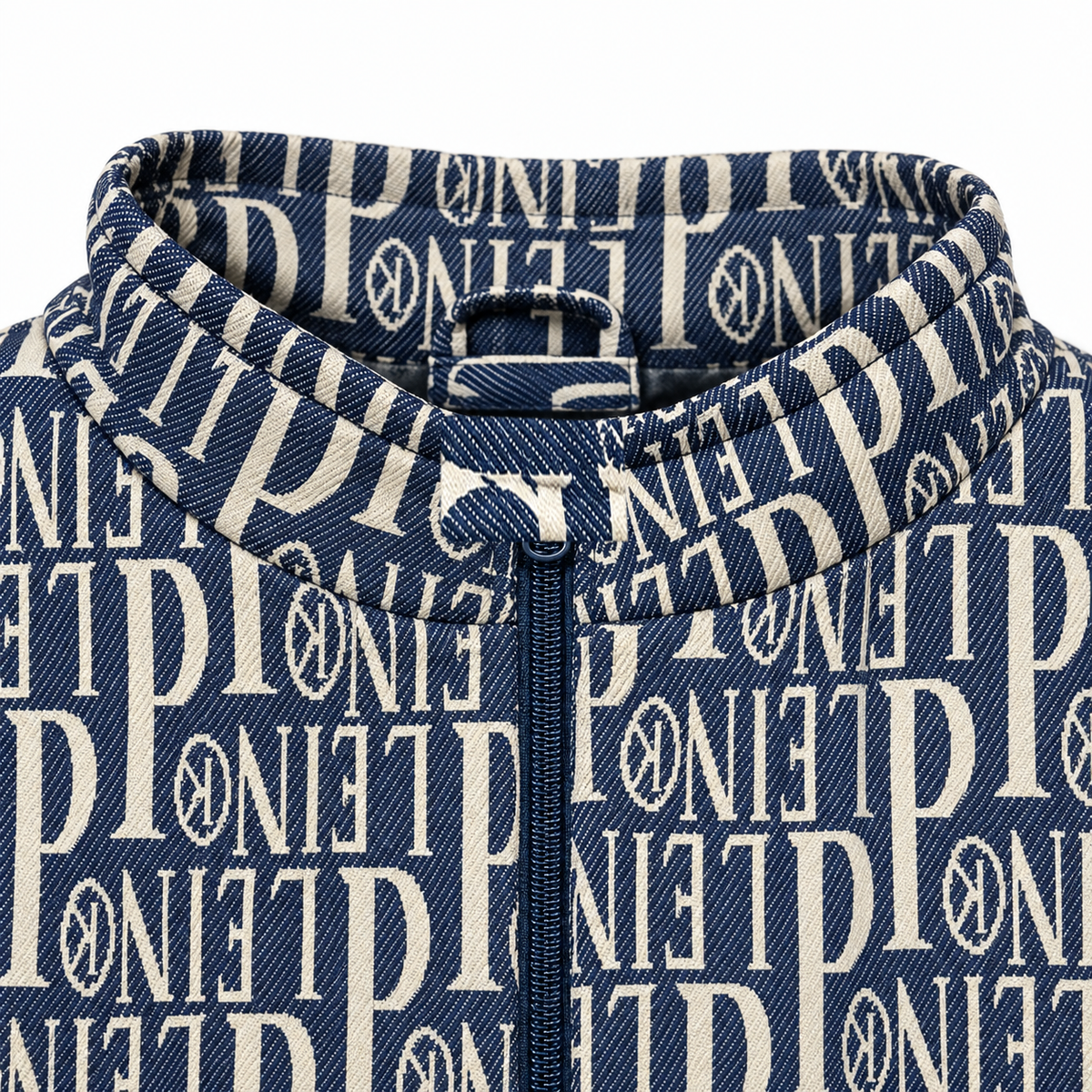 Navy & Cream Typography Jacquard Woven Zip-Up Jacket