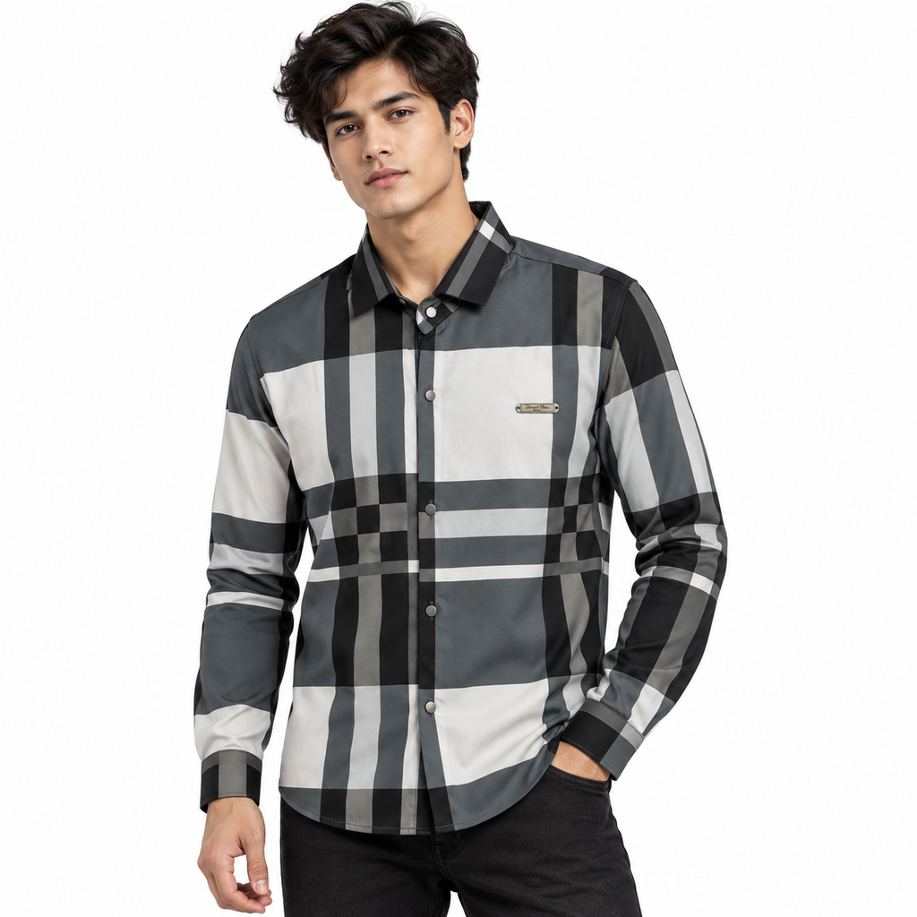 Unisex Oversized Tartan Check Full-Sleeve Shirt – Charcoal Grey