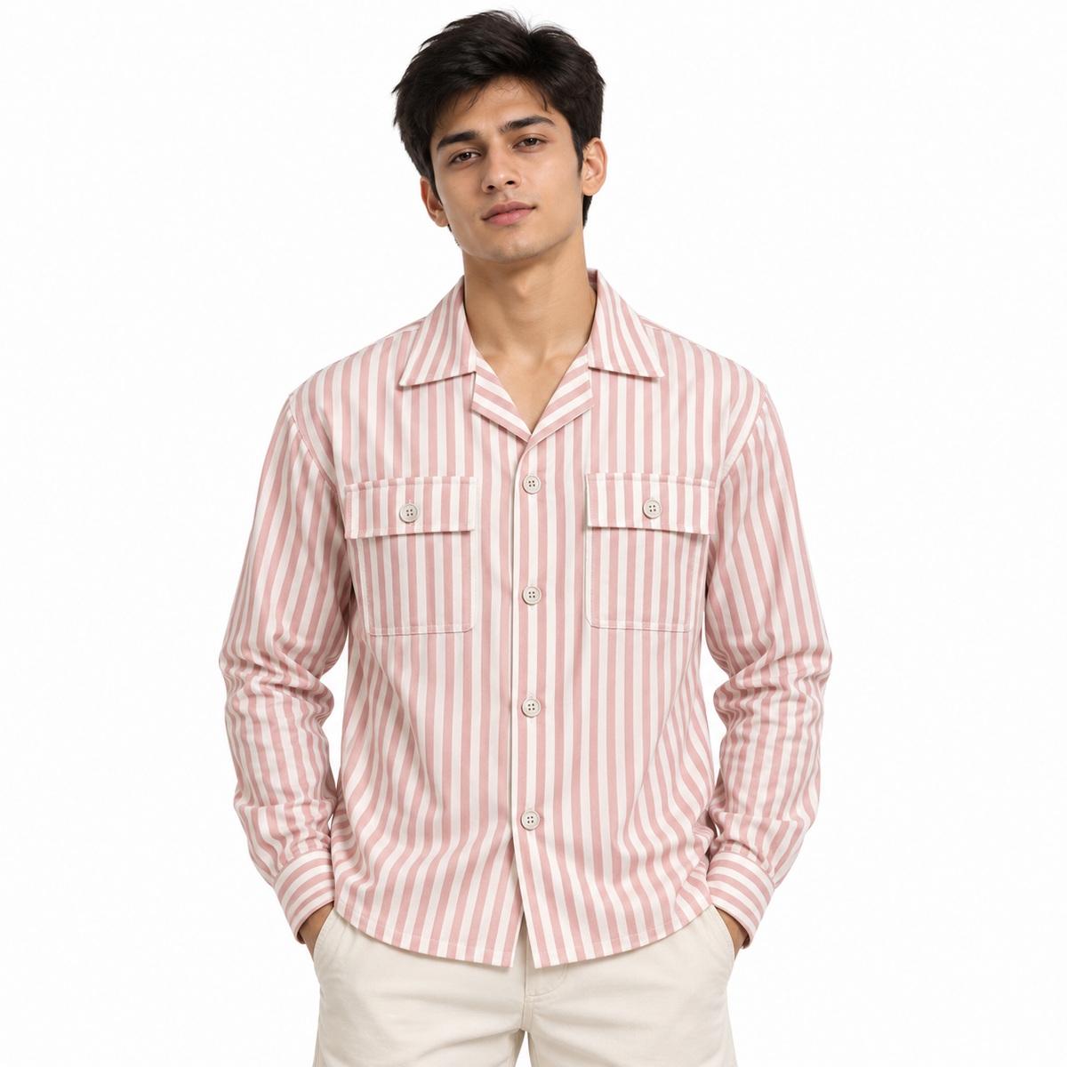 Unisex Pink & White Vertical Stripe Utility Shirt