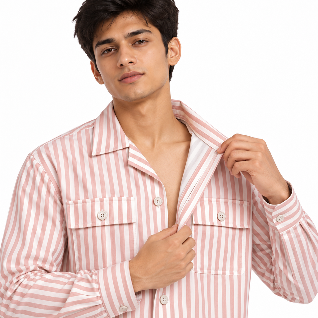 Unisex Pink & White Vertical Stripe Utility Shirt