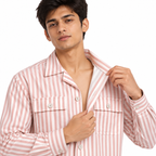 Unisex Pink & White Vertical Stripe Utility Shirt