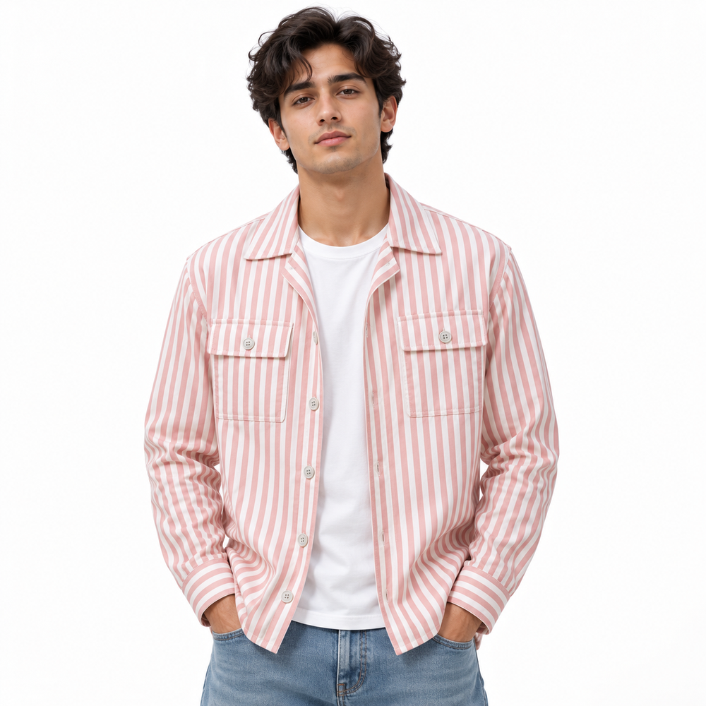 Unisex Pink & White Vertical Stripe Utility Shirt