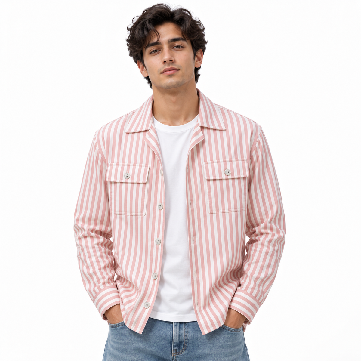Unisex Pink & White Vertical Stripe Utility Shirt