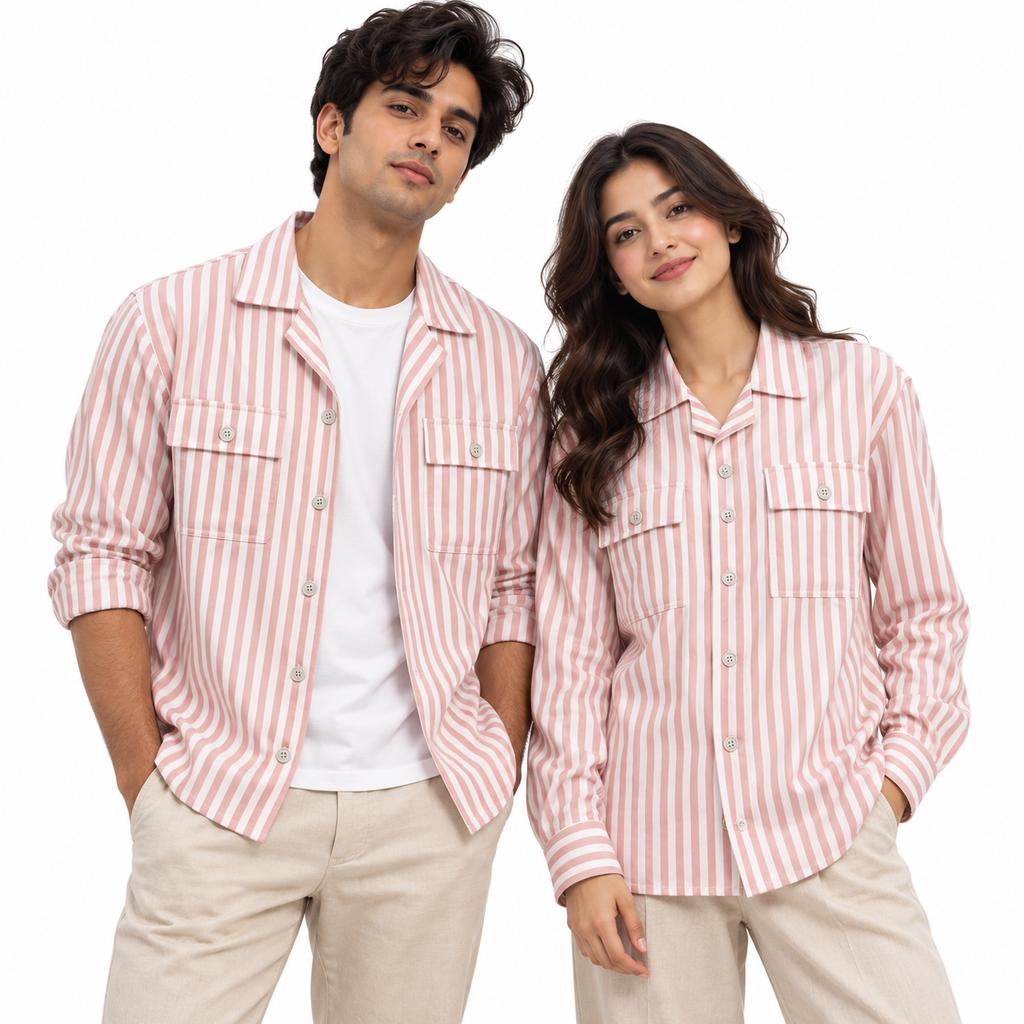 Unisex Pink & White Vertical Stripe Utility Shirt