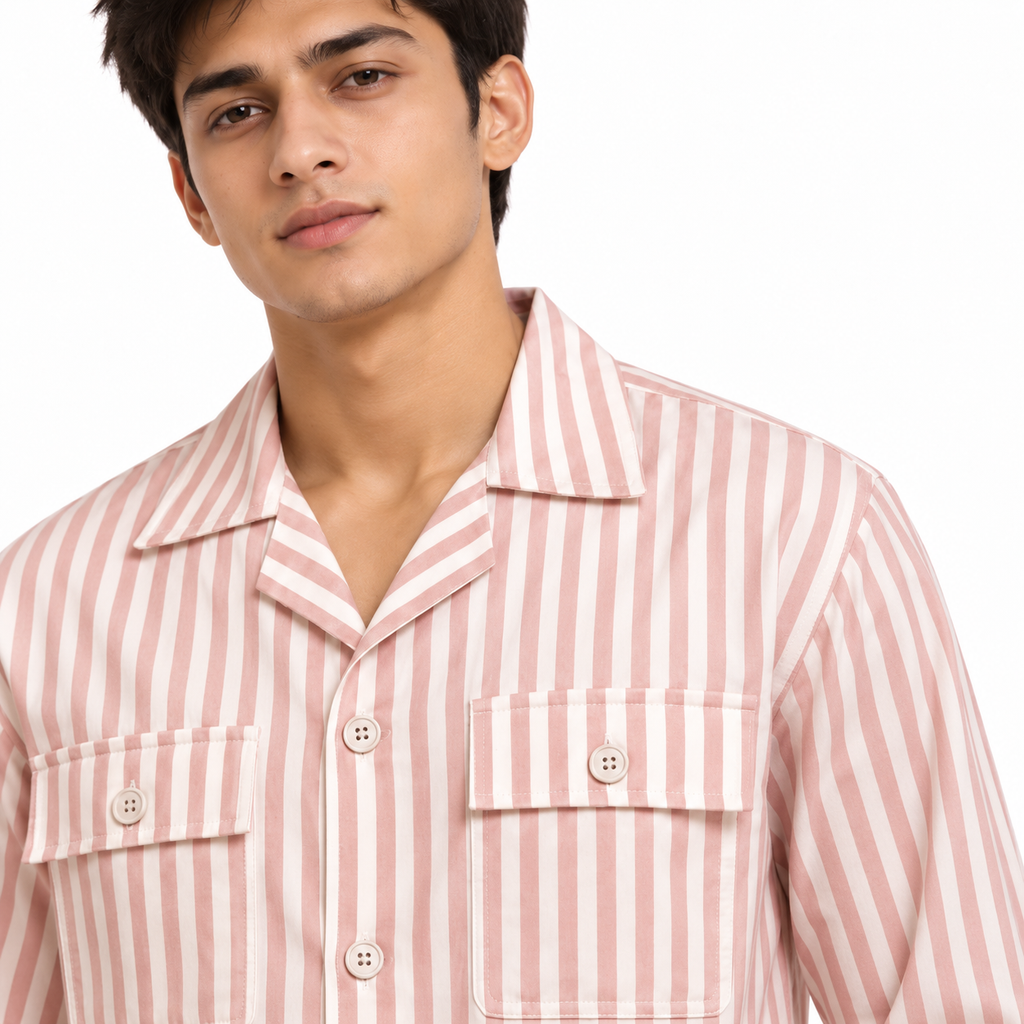 Unisex Pink & White Vertical Stripe Utility Shirt