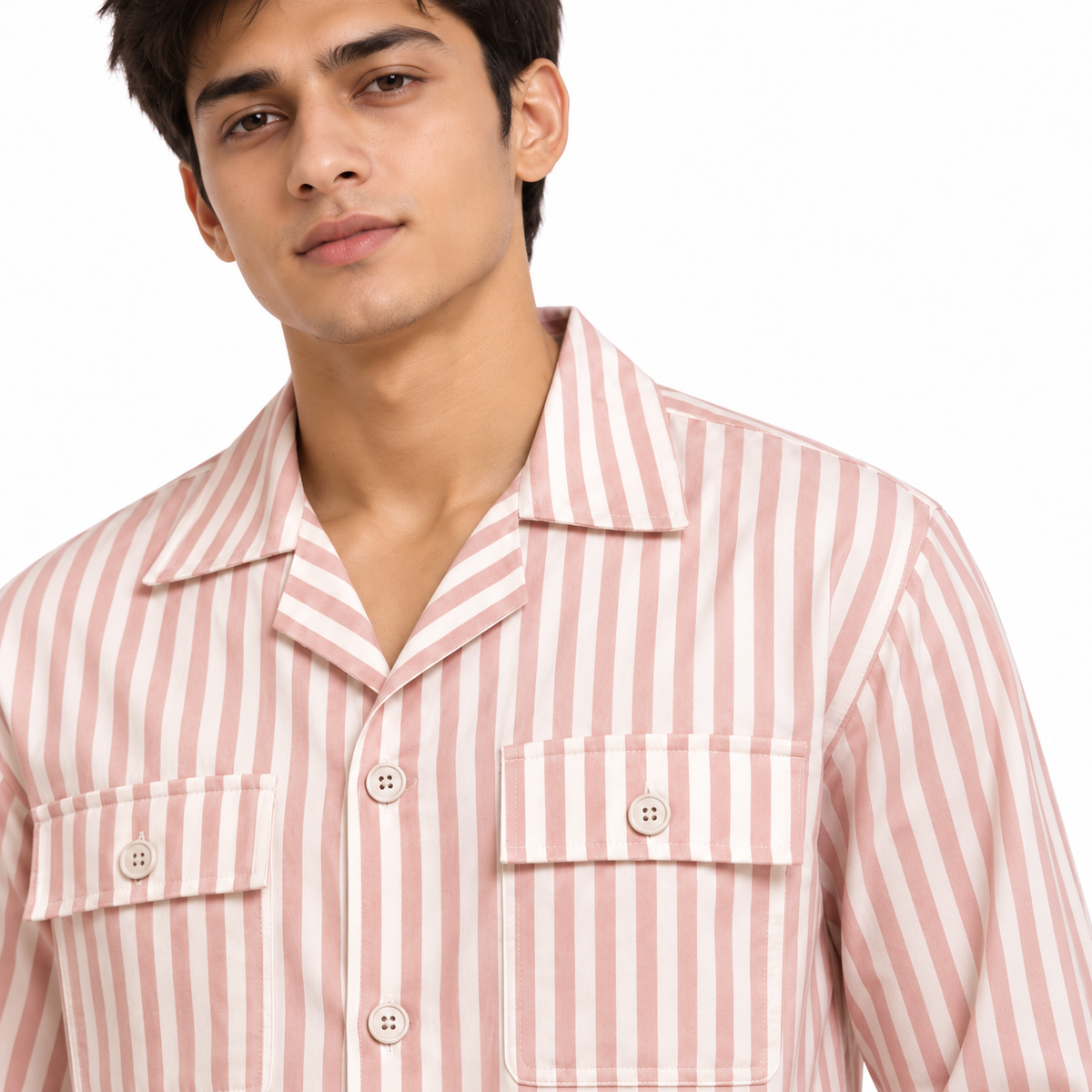 Unisex Pink & White Vertical Stripe Utility Shirt