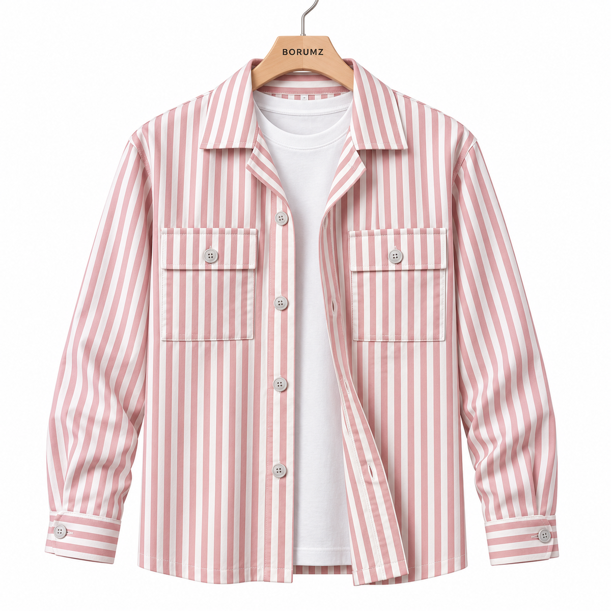 Unisex Pink & White Vertical Stripe Utility Shirt