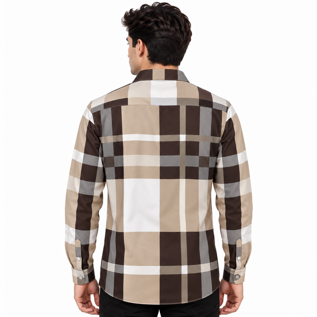 Unisex Oversized Tartan Check Full-Sleeve Shirt – Mocha Beige