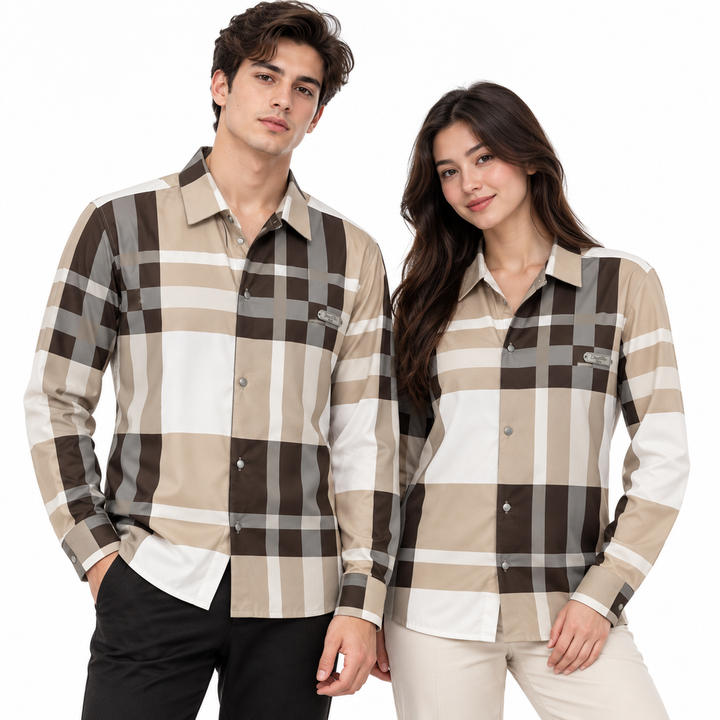 Unisex Oversized Tartan Check Full-Sleeve Shirt – Mocha Beige