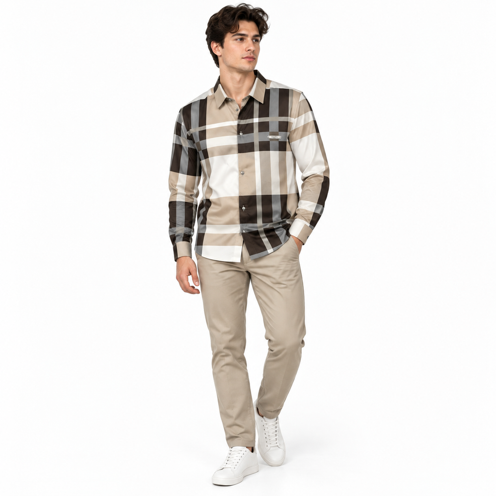 Unisex Oversized Tartan Check Full-Sleeve Shirt – Mocha Beige