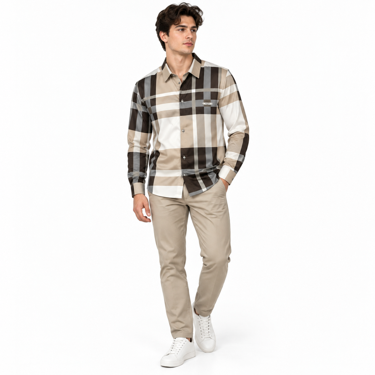 Unisex Oversized Tartan Check Full-Sleeve Shirt – Mocha Beige