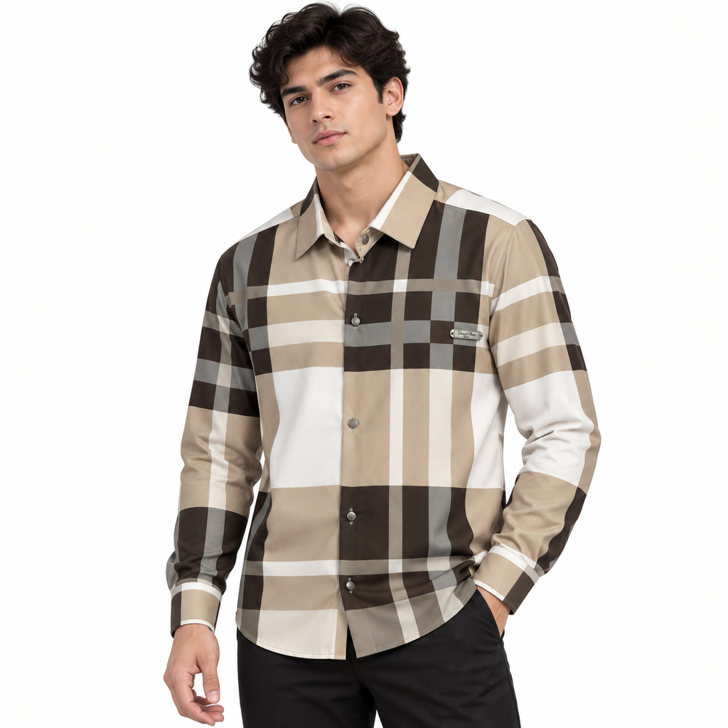 Unisex Oversized Tartan Check Full-Sleeve Shirt – Mocha Beige