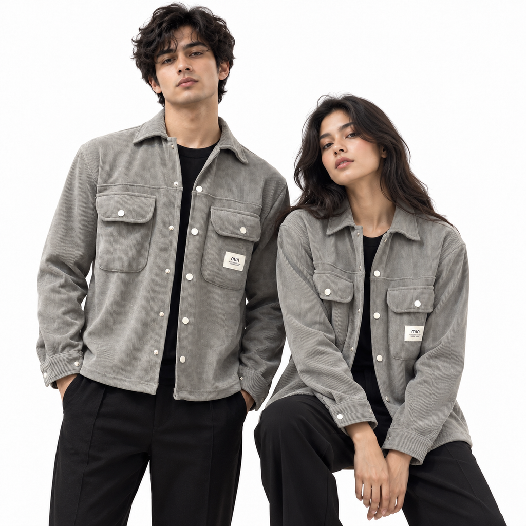 Corduroy Boxy Fit Double Pocket Shirt – Stone Grey