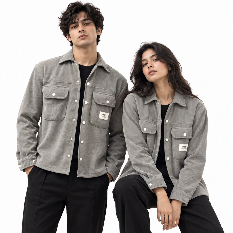 Corduroy Boxy Fit Double Pocket Shirt – Stone Grey