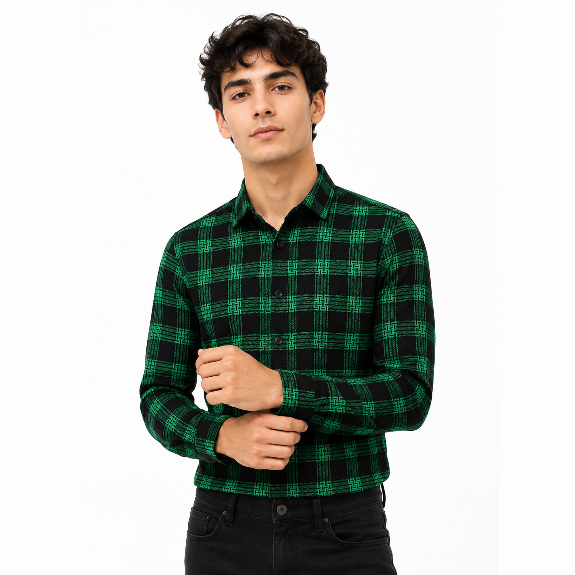 Men’s Black & Green Check Slim-Fit Shirt