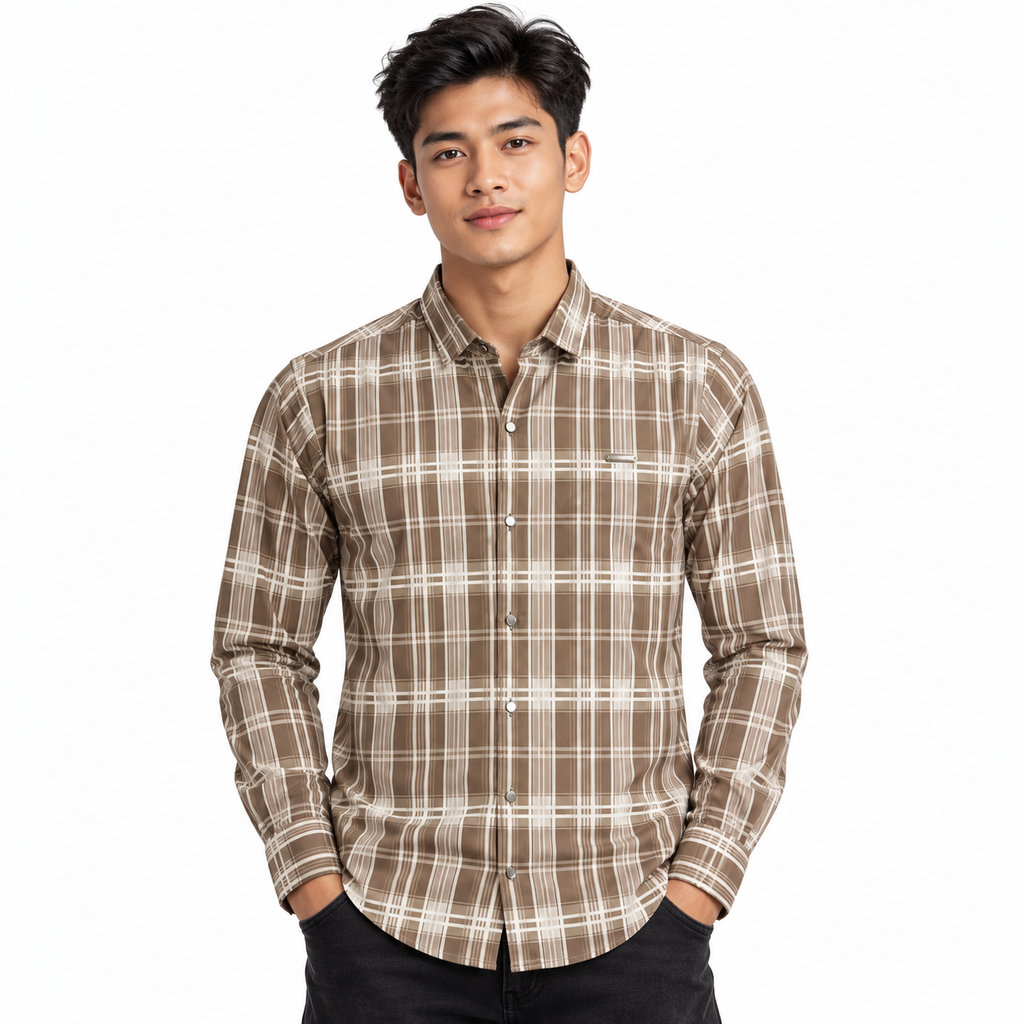 Urban Taupe Windowpane Brown Check Shirt | Slim Fit