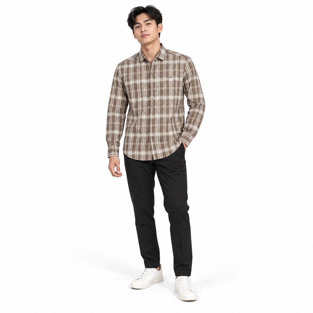 Urban Taupe Windowpane Brown Check Shirt | Slim Fit