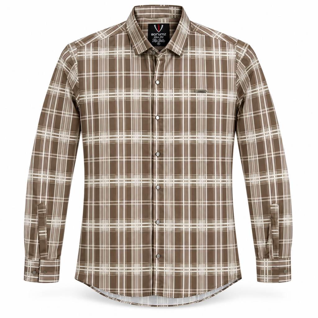 Urban Taupe Windowpane Brown Check Shirt | Slim Fit