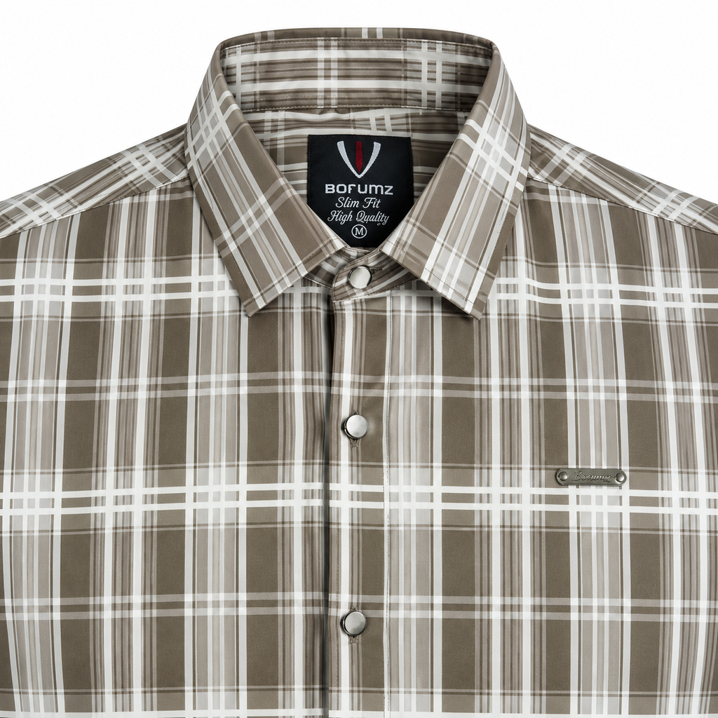 Urban Taupe Windowpane Green Check Shirt | Slim Fit
