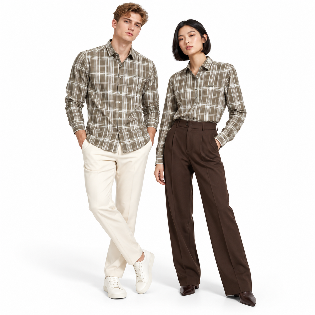 Urban Taupe Windowpane Green Check Shirt | Slim Fit