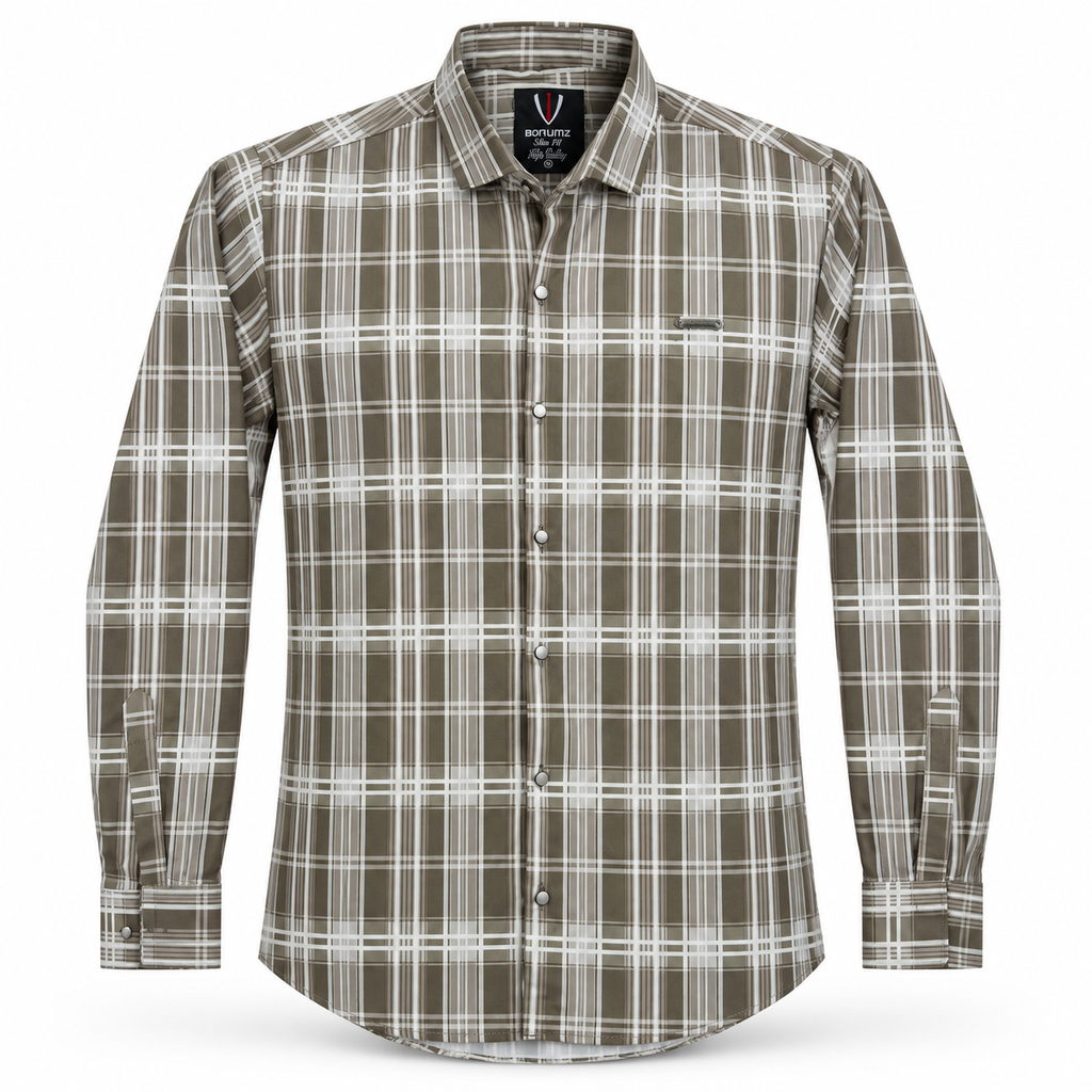 Urban Taupe Windowpane Green Check Shirt | Slim Fit