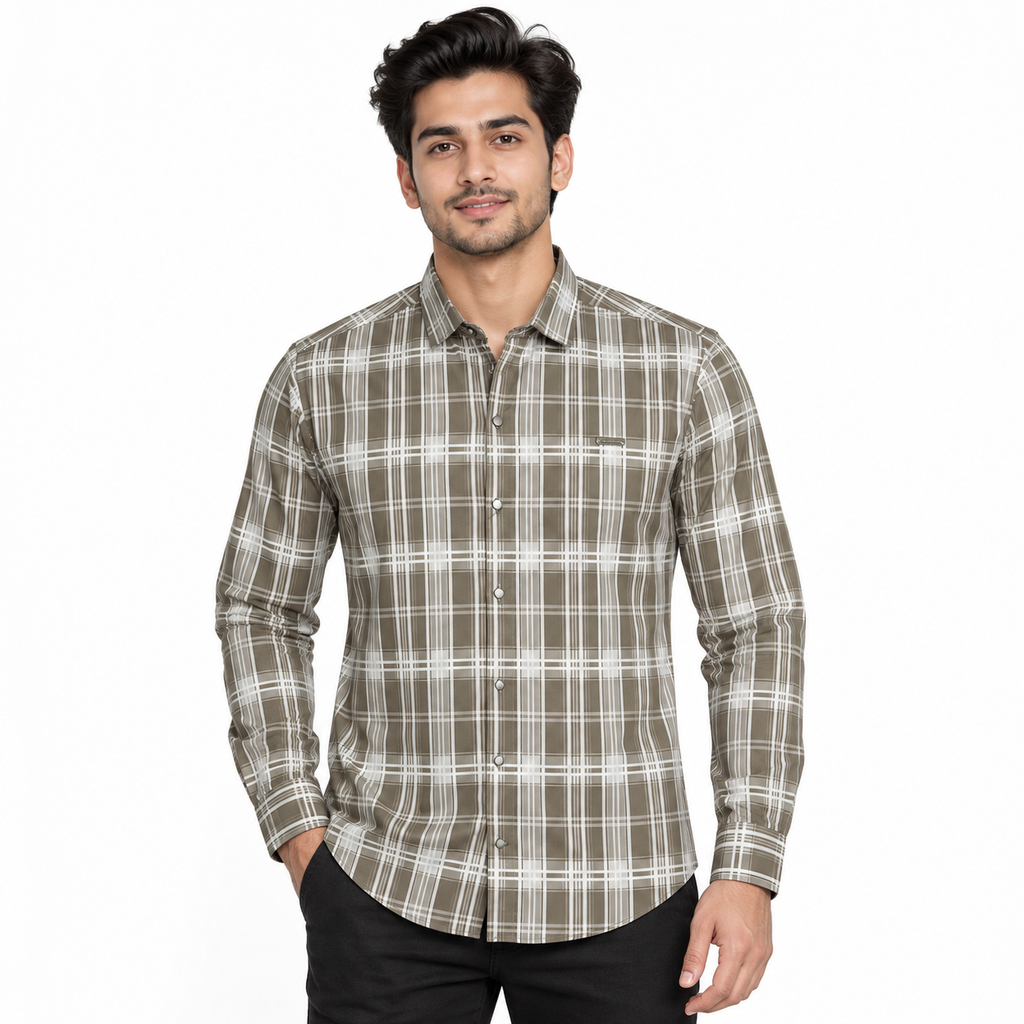 Urban Taupe Windowpane Green Check Shirt | Slim Fit