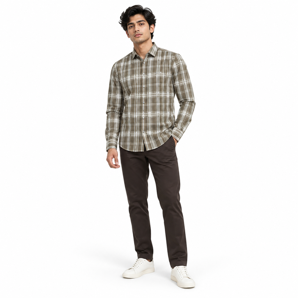 Urban Taupe Windowpane Green Check Shirt | Slim Fit