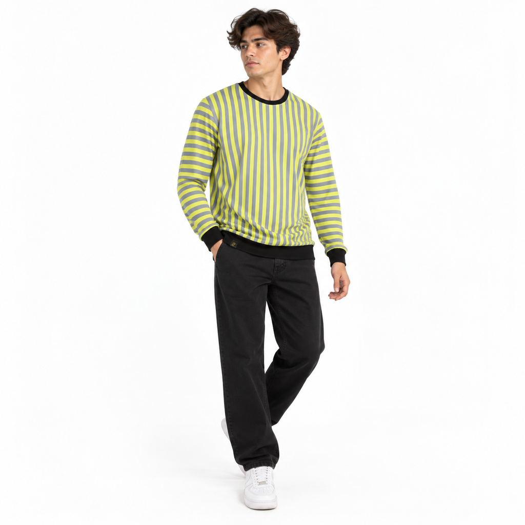 Volt Yellow & Graphite Stripe Full-Sleeve Tee | Relaxed Fit