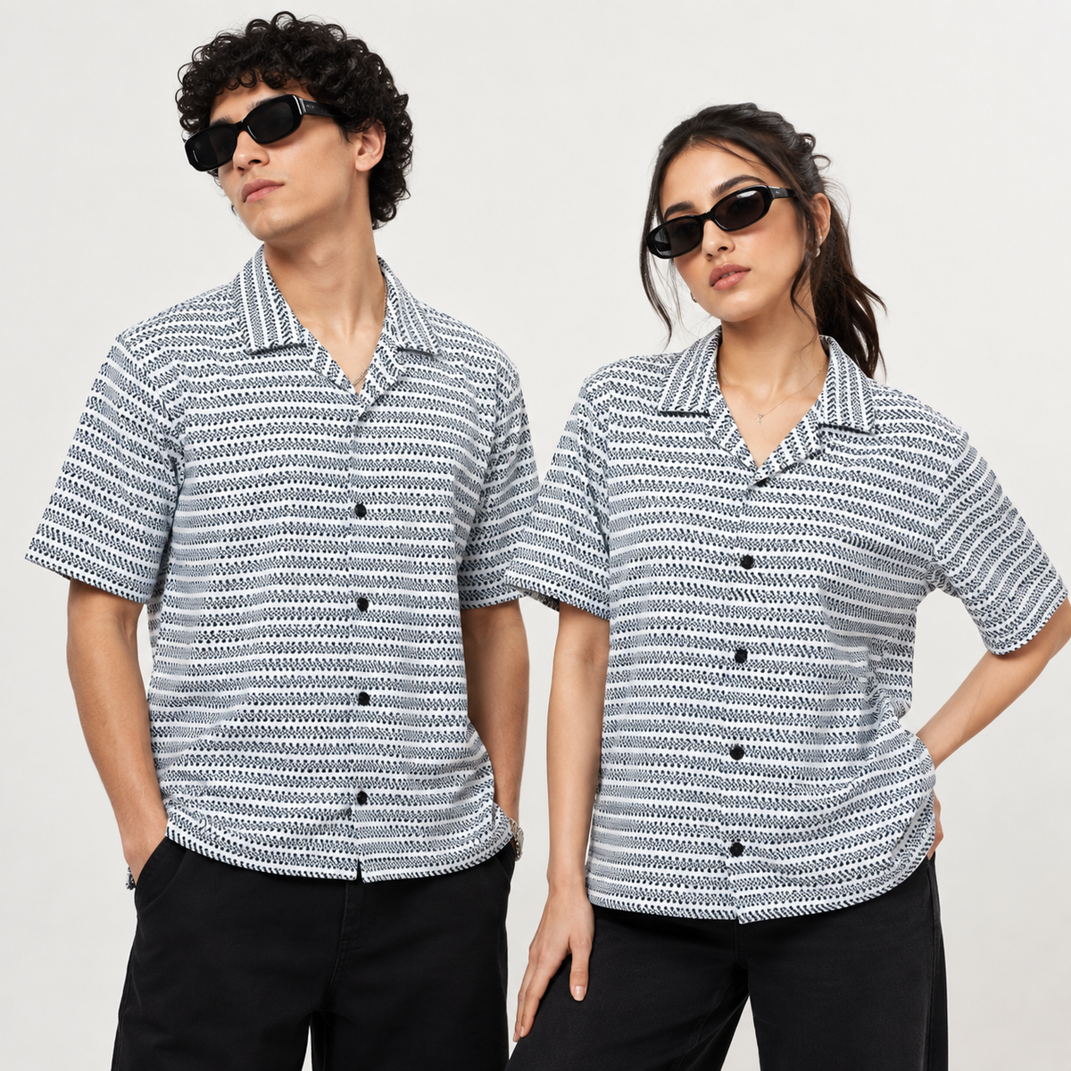 White & Grey Geometric Textured Boxy Fit Shirt