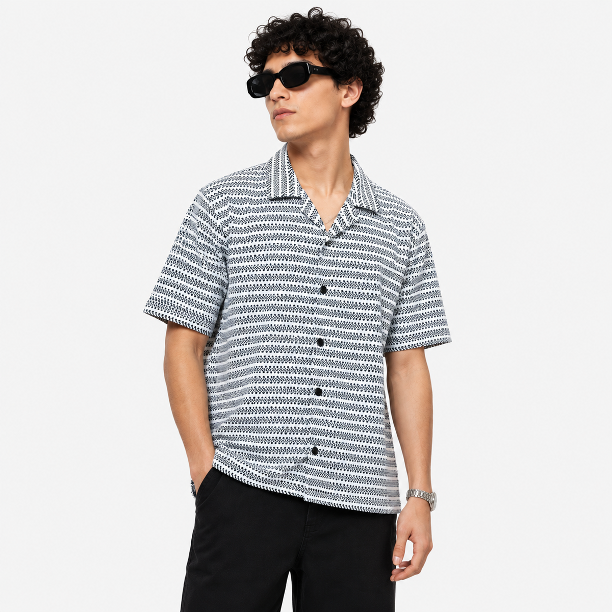 White & Grey Geometric Textured Boxy Fit Shirt