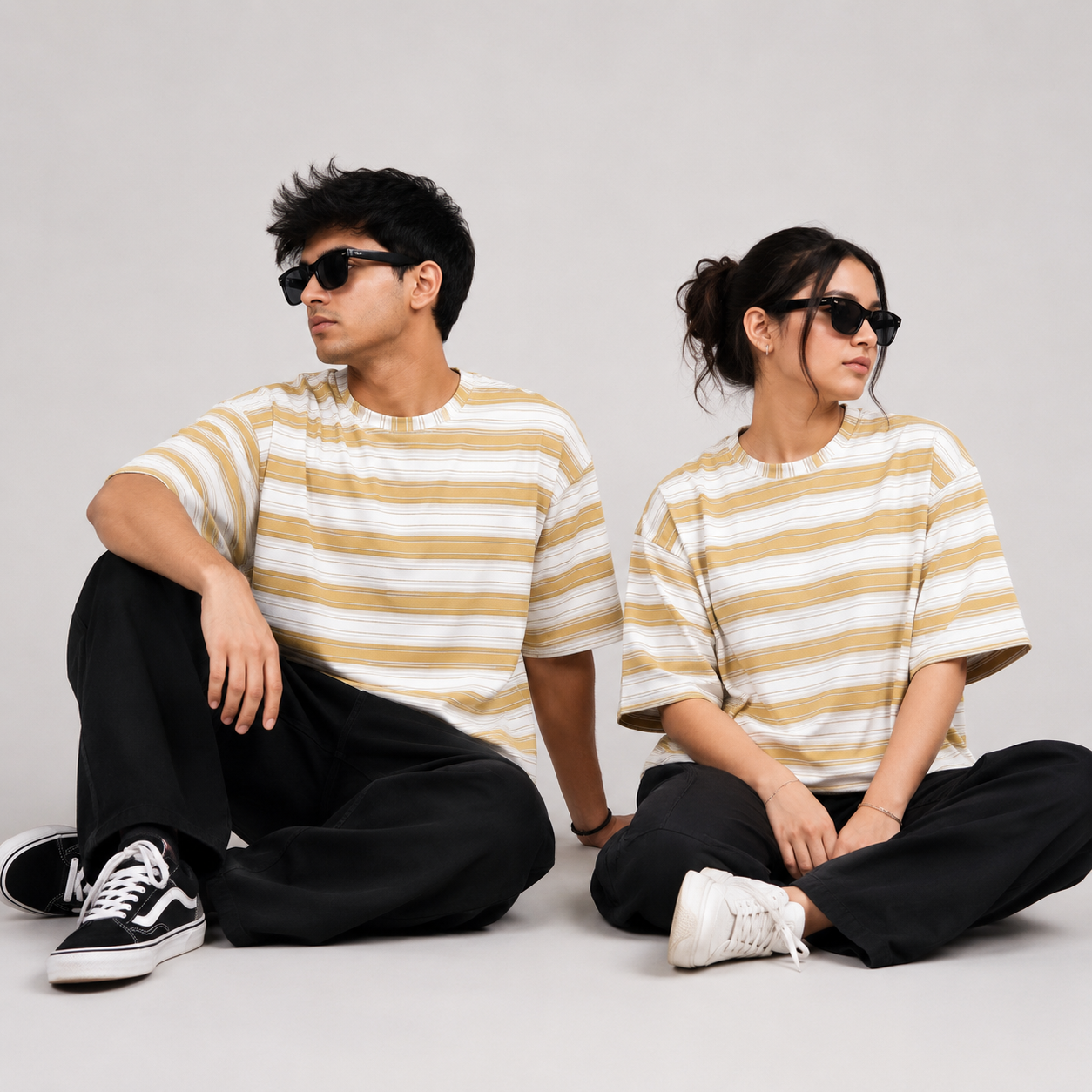 White & Mustard Yellow Striped Oversized T-Shirt | Relaxed Fit Tee