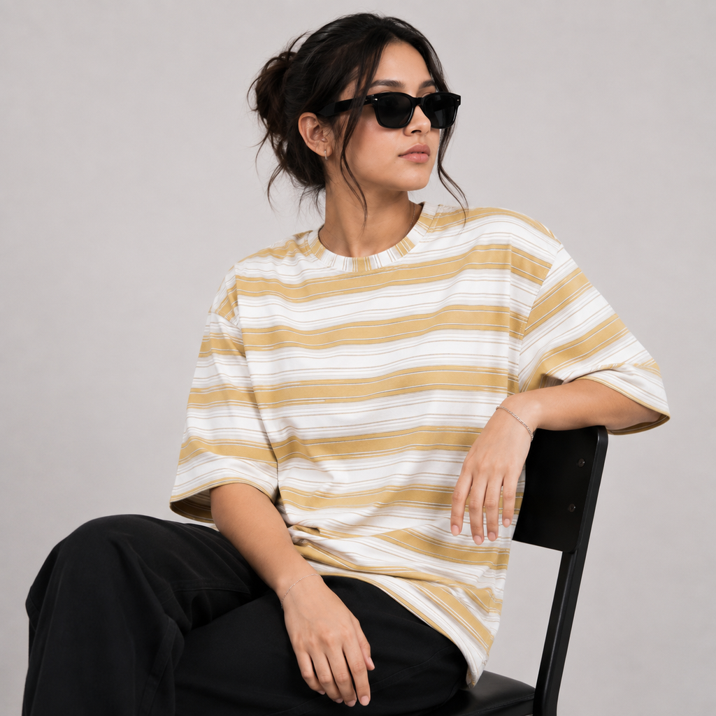 White & Mustard Yellow Striped Oversized T-Shirt | Relaxed Fit Tee