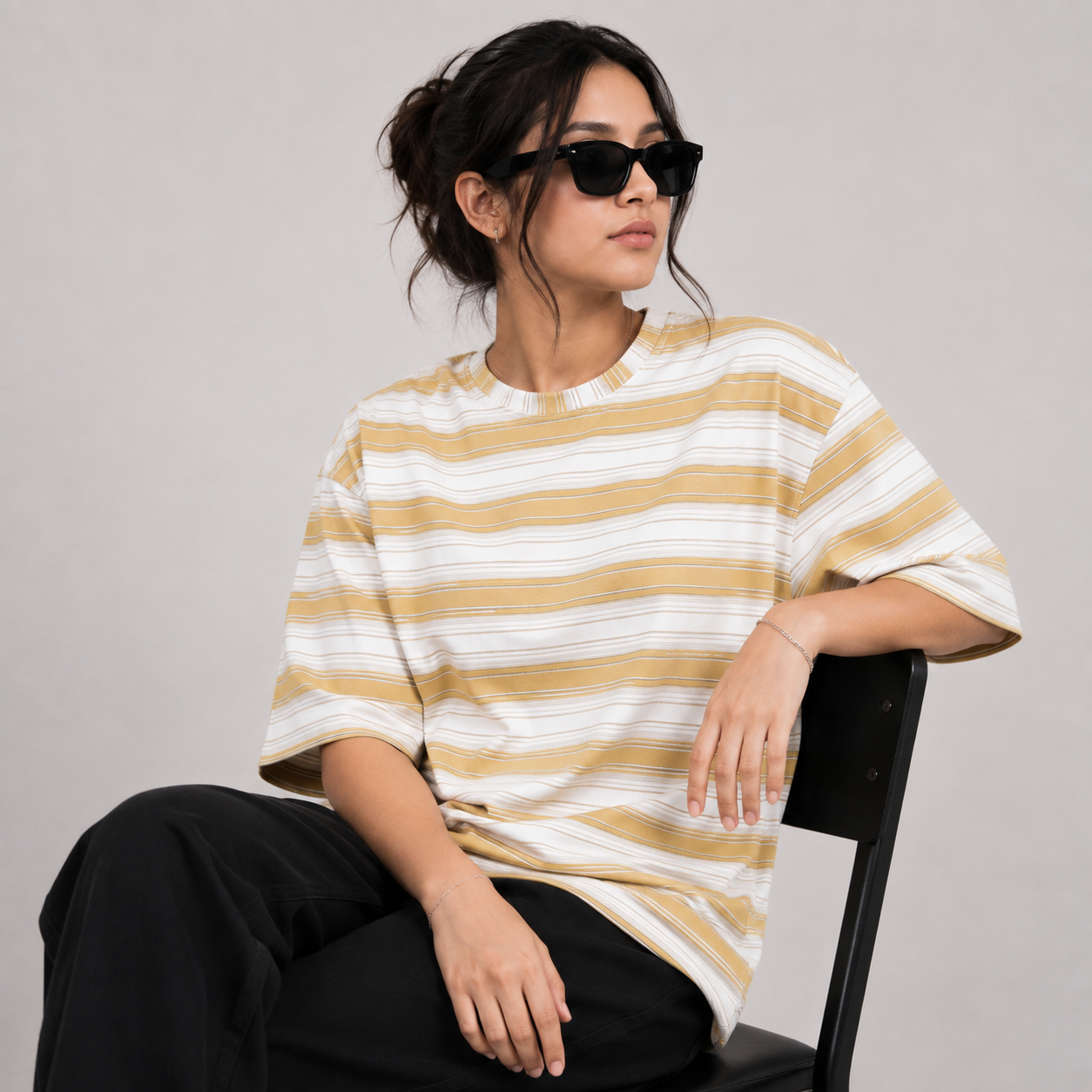 White & Mustard Yellow Striped Oversized T-Shirt | Relaxed Fit Tee