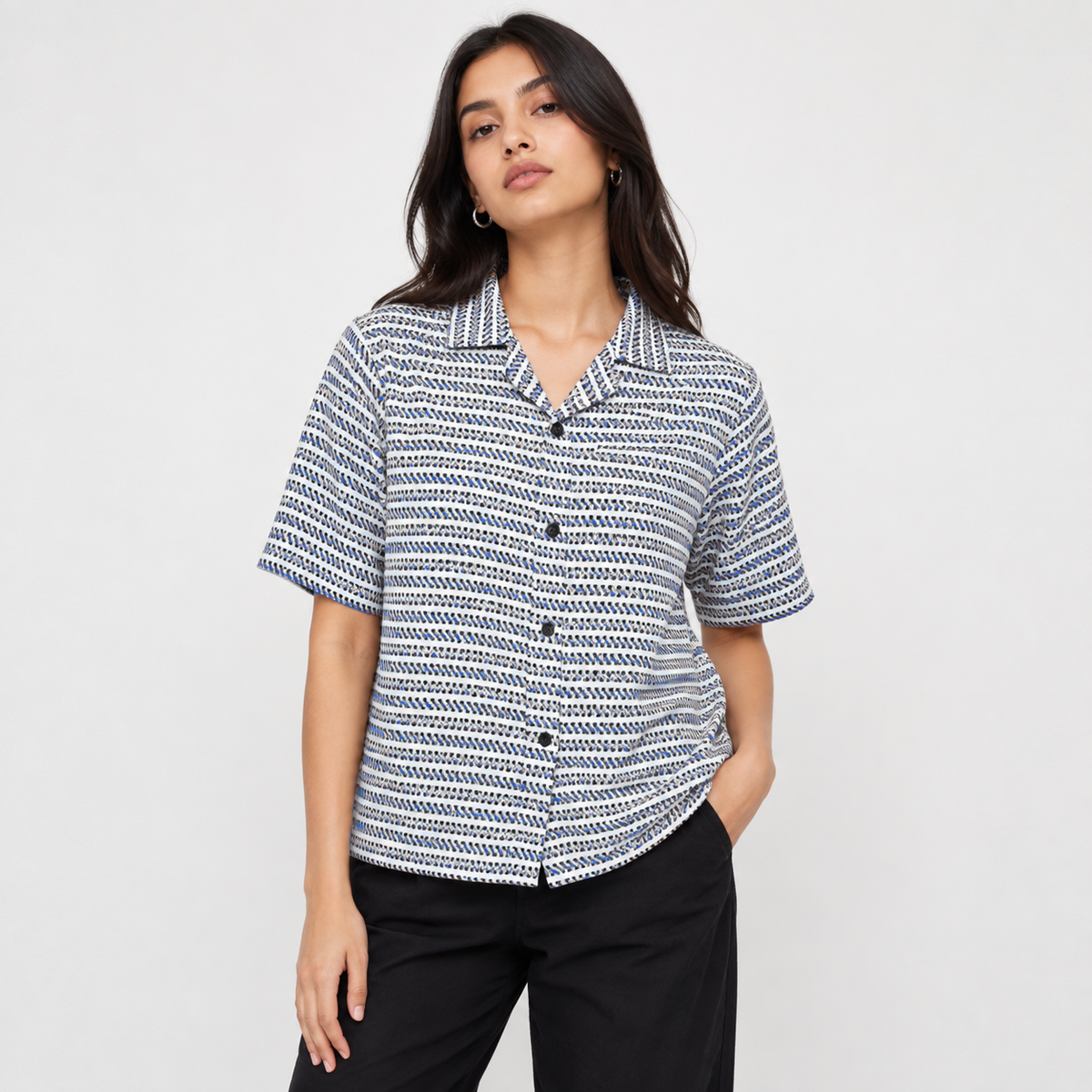 White & Blue Geometric Textured Boxy Fit Shirt