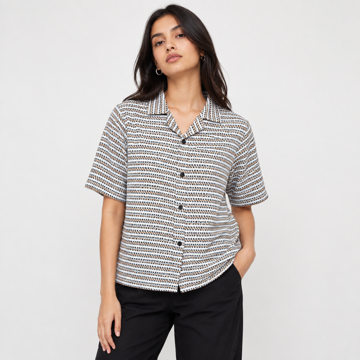 White & brown Geometric Textured Boxy Fit Shirt