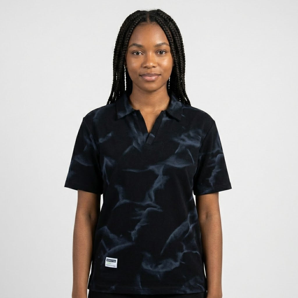 Black Tie-Dye Print Johnny Collar Polo Shirt | Premium Casual Polo
