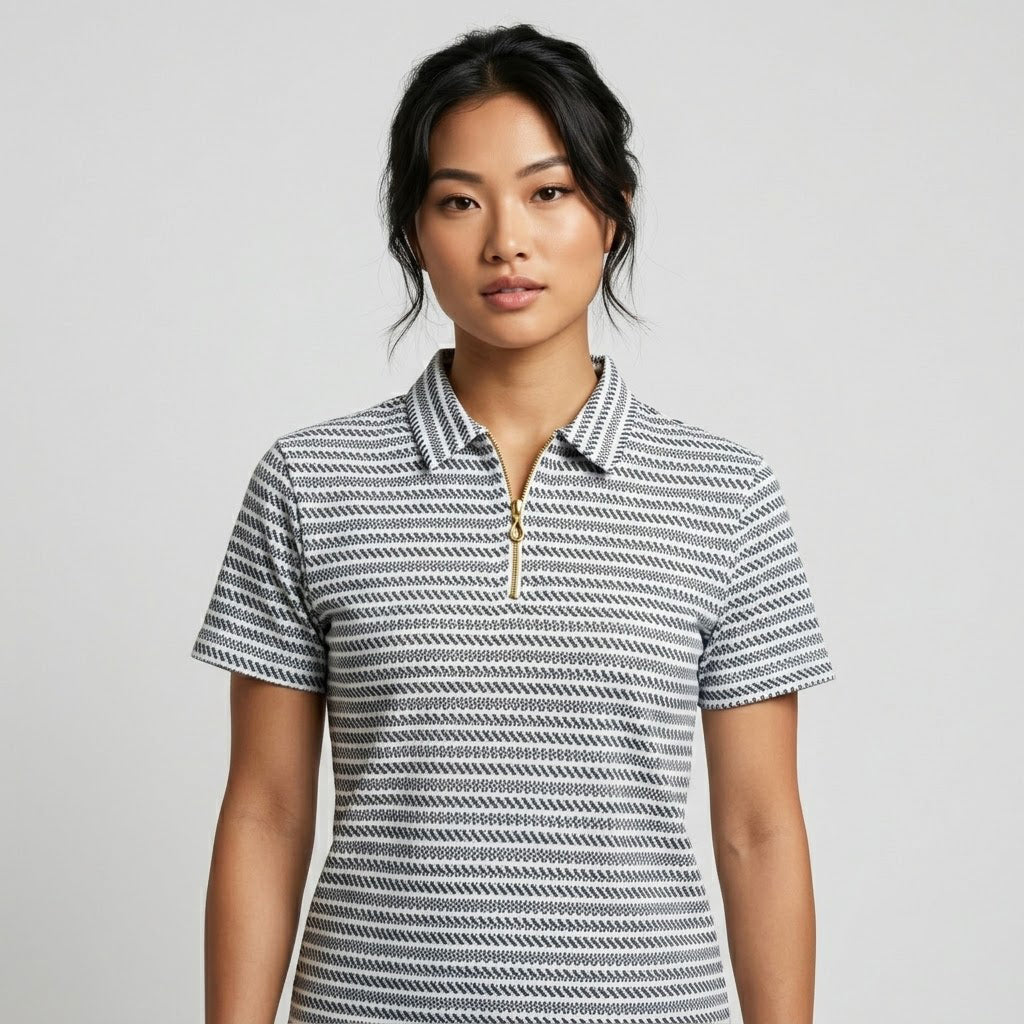 Black & Brown Striped Zip Polo Shirt | Knit Polo
