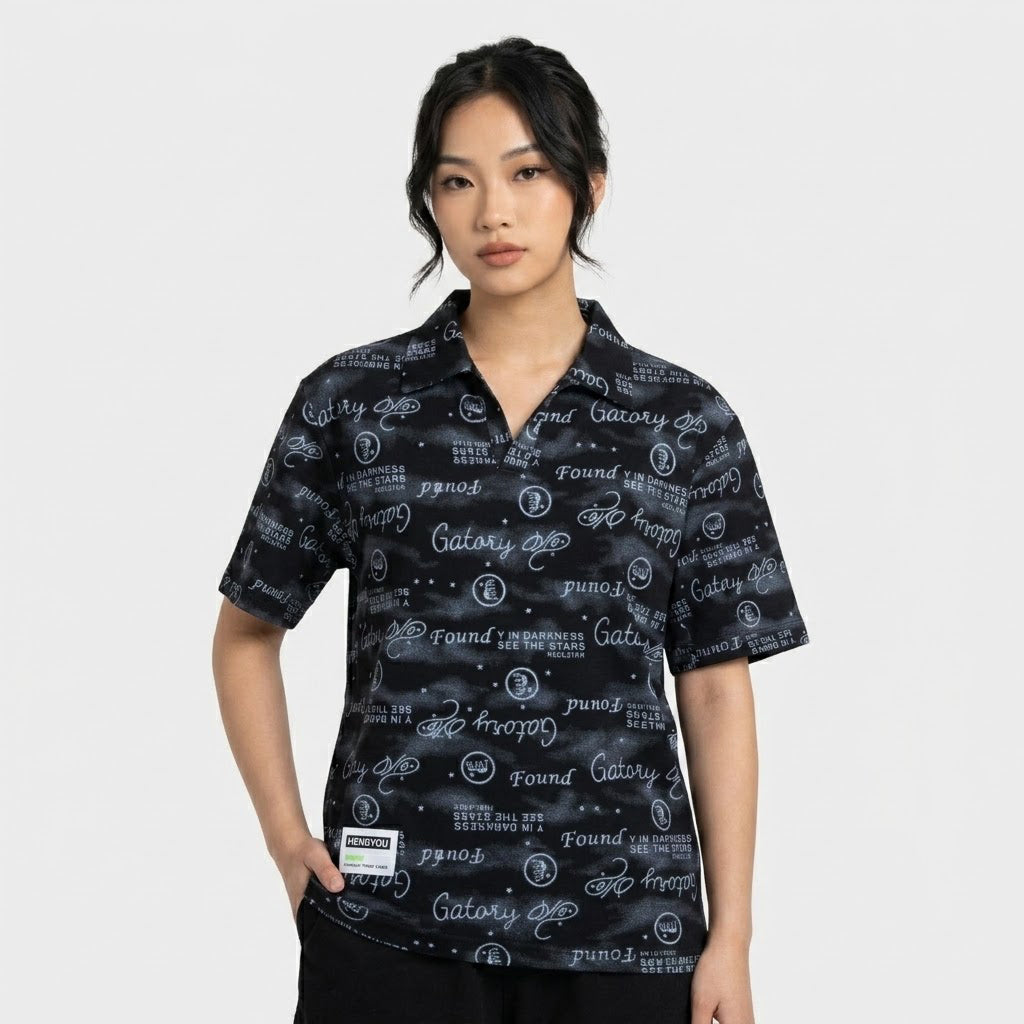 Black Typography Print Polo Shirt | Graphic Polo