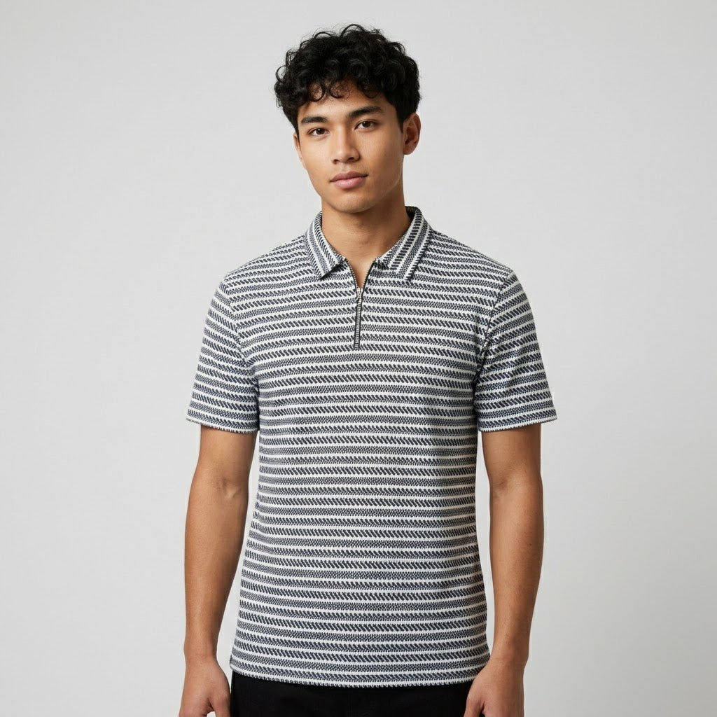 Black & Grey Striped Zip Polo Shirt | Knit Polo